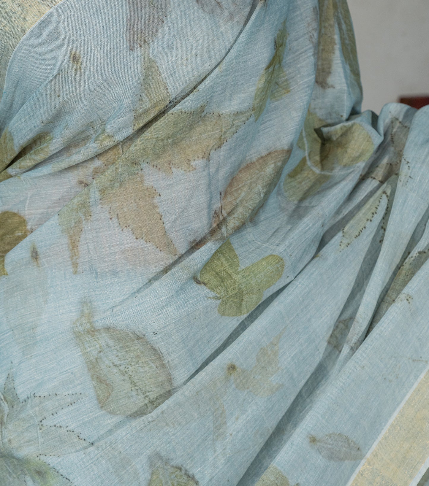 All Over With Mix leaves Blueish Grey Cotton Saree (Hand Dyed With iron ore and indigo)