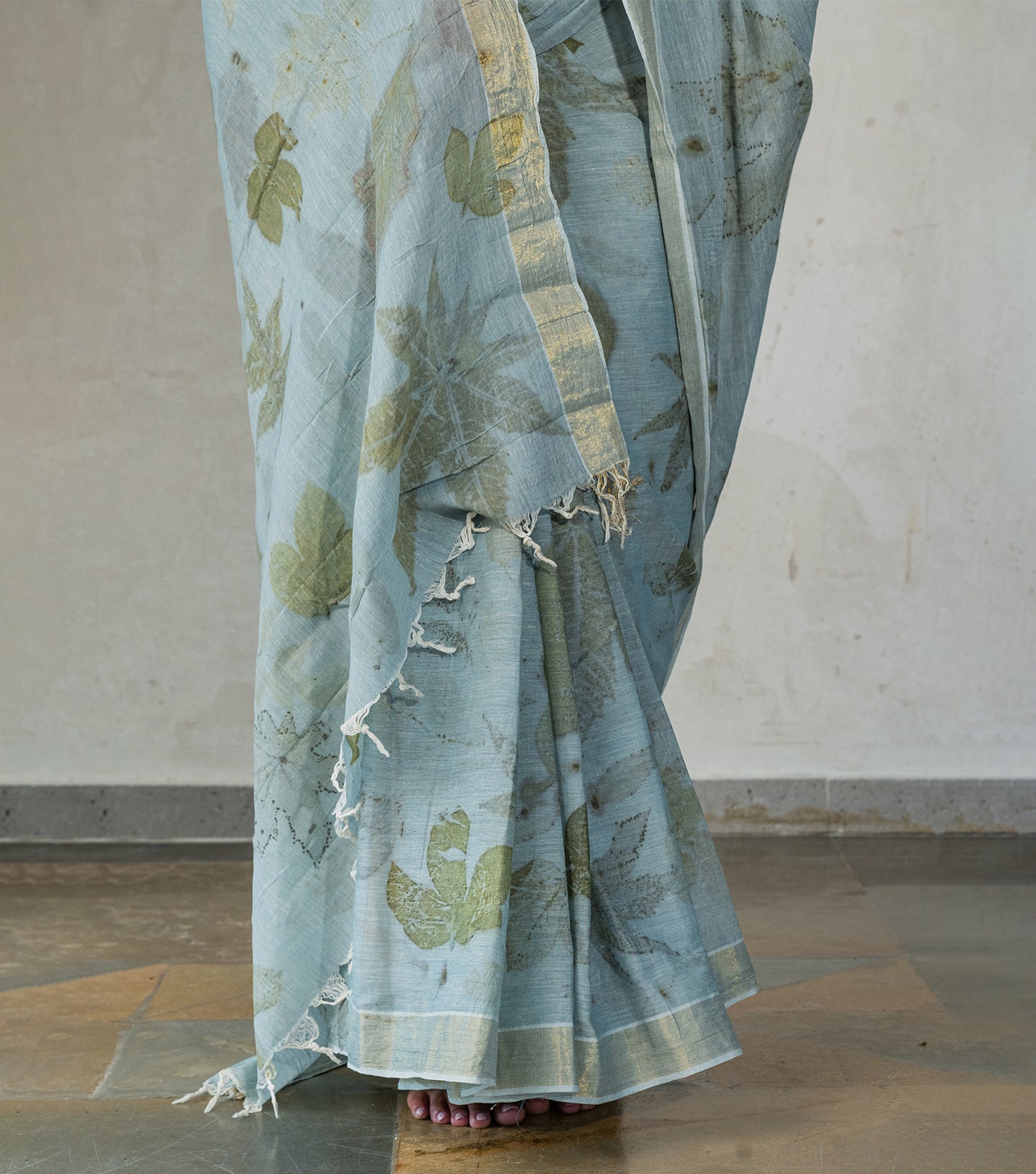 All Over With Mix leaves Blueish Grey Cotton Saree (Hand Dyed With iron ore and indigo)