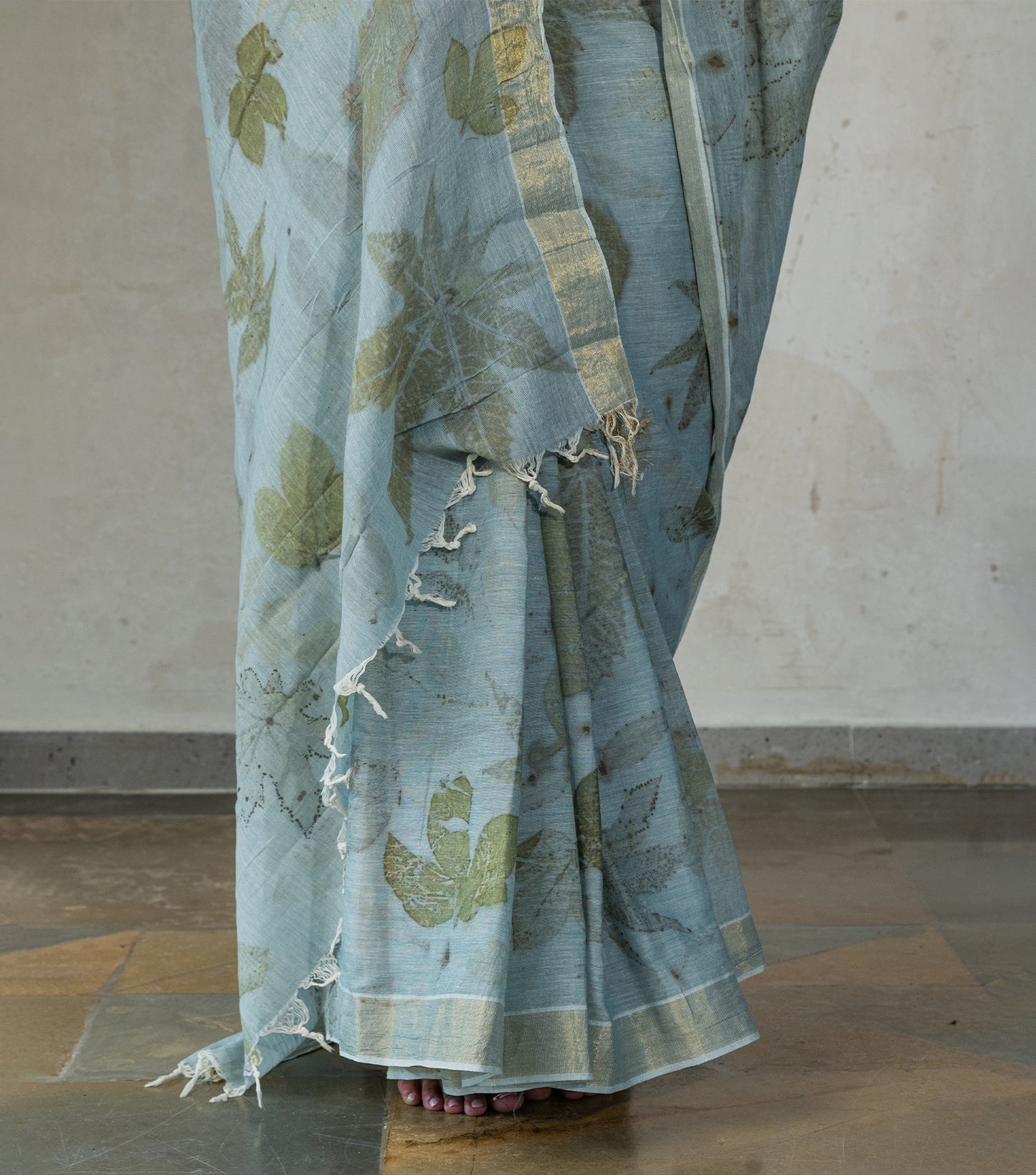 All Over With Mix leaves Blueish Grey Cotton Saree (Hand Dyed With iron ore and indigo)