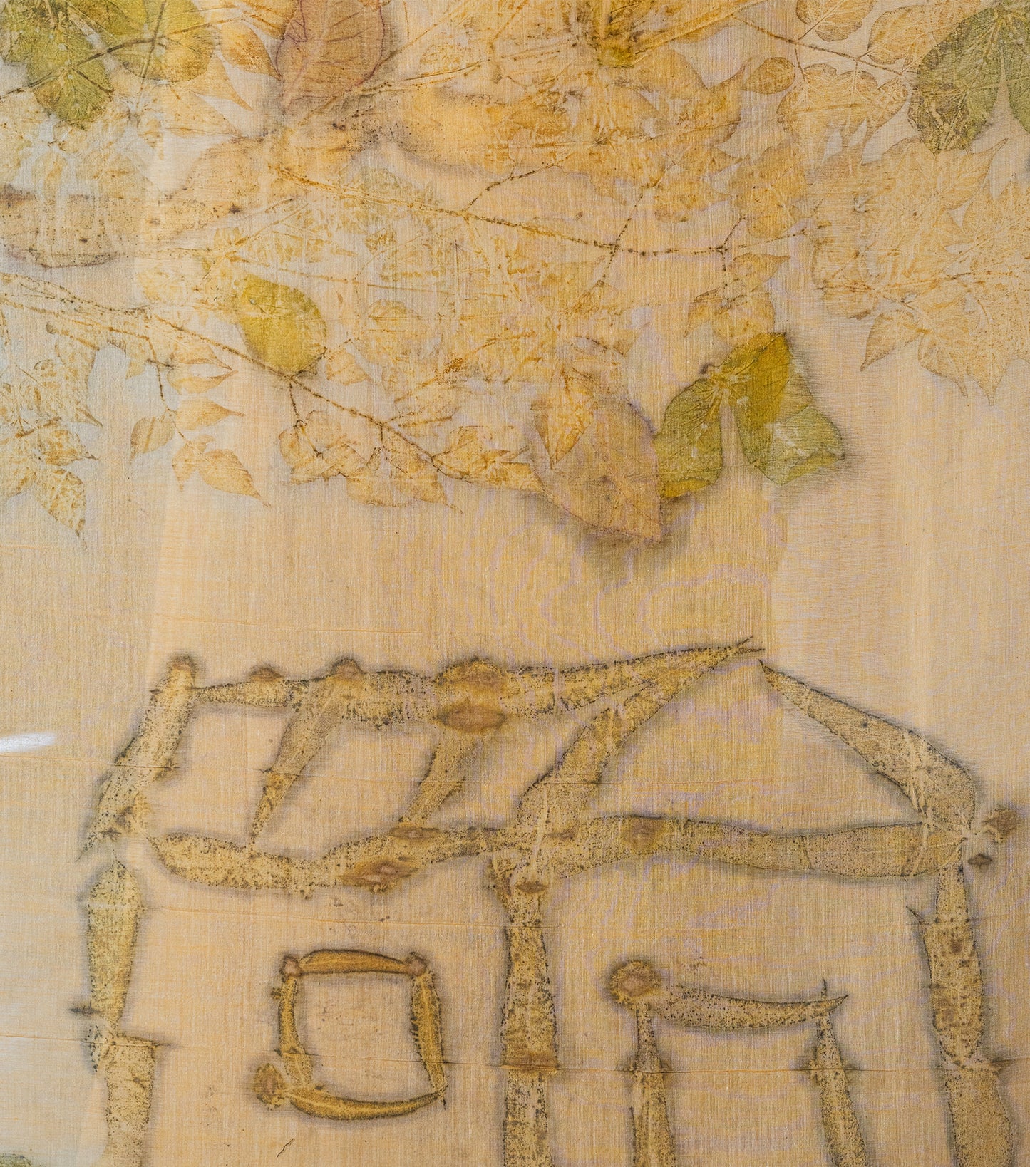 Ghar Desing Pallu with mix leaves Soft Pumpkin Cotton Saree (Hand Dyed With Turmeric)