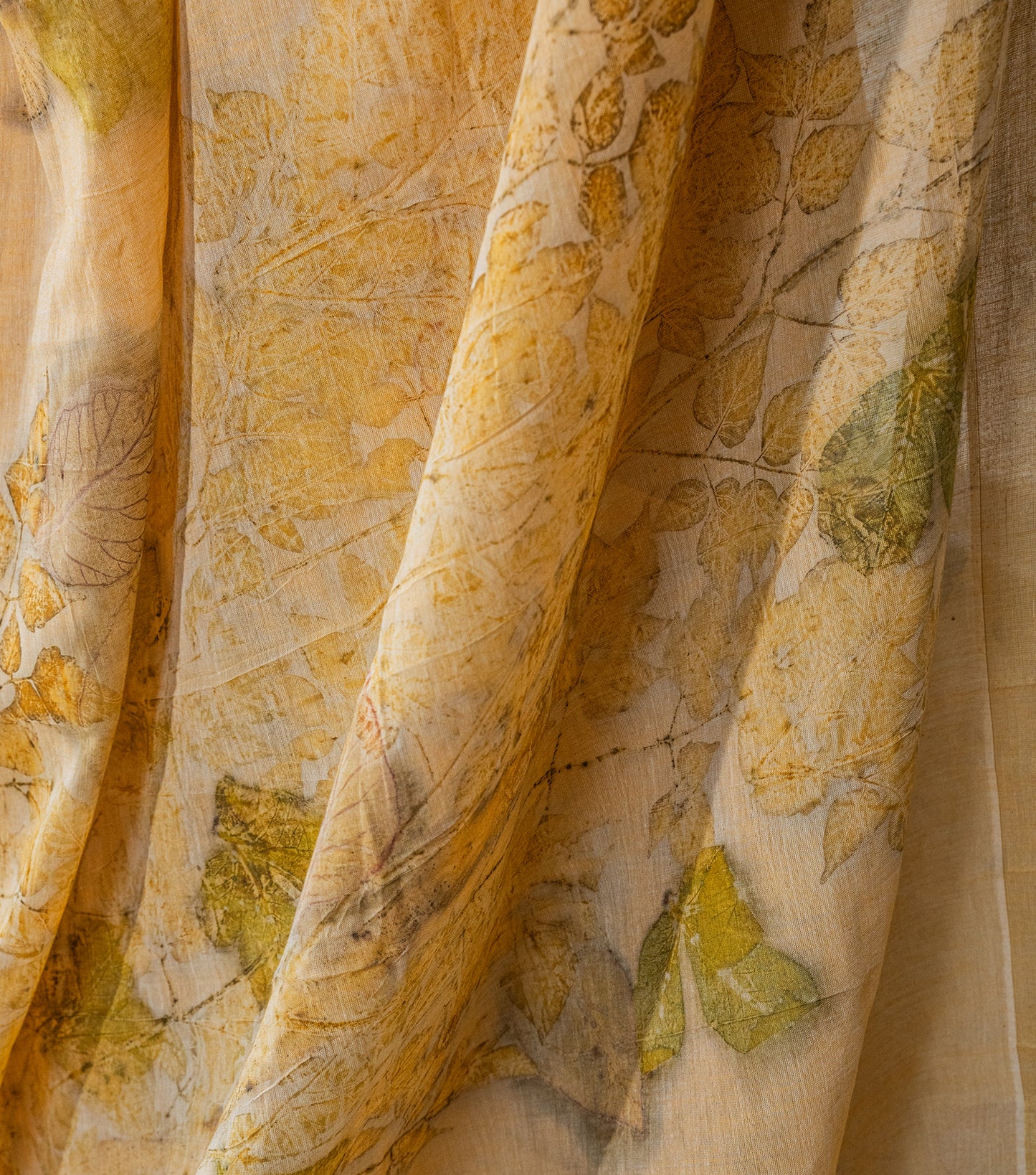 Ghar Desing Pallu with mix leaves Soft Pumpkin Cotton Saree (Hand Dyed With Turmeric)