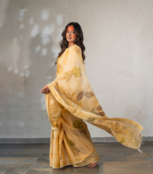 Ghar Desing Pallu with mix leaves Soft Pumpkin Cotton Saree (Hand Dyed With Turmeric)