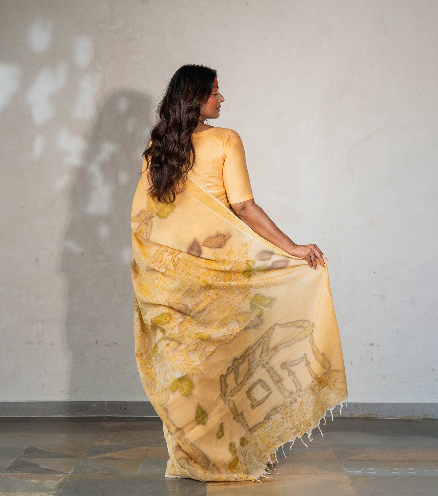 Ghar Desing Pallu with mix leaves Soft Pumpkin Cotton Saree (Hand Dyed With Turmeric)
