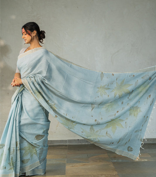 Mix leaves on Pallu and Boarder Blueish Grey Cotton Saree (Hand Dyed With iron ore and indigo)
