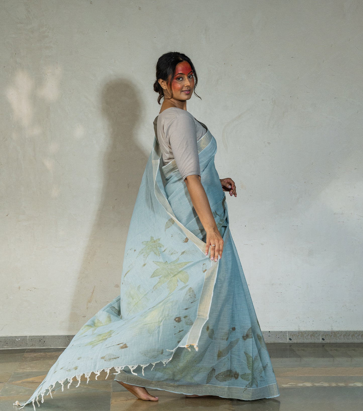 Mix leaves on Pallu and Boarder Blueish Grey Cotton Saree (Hand Dyed With iron ore and indigo)