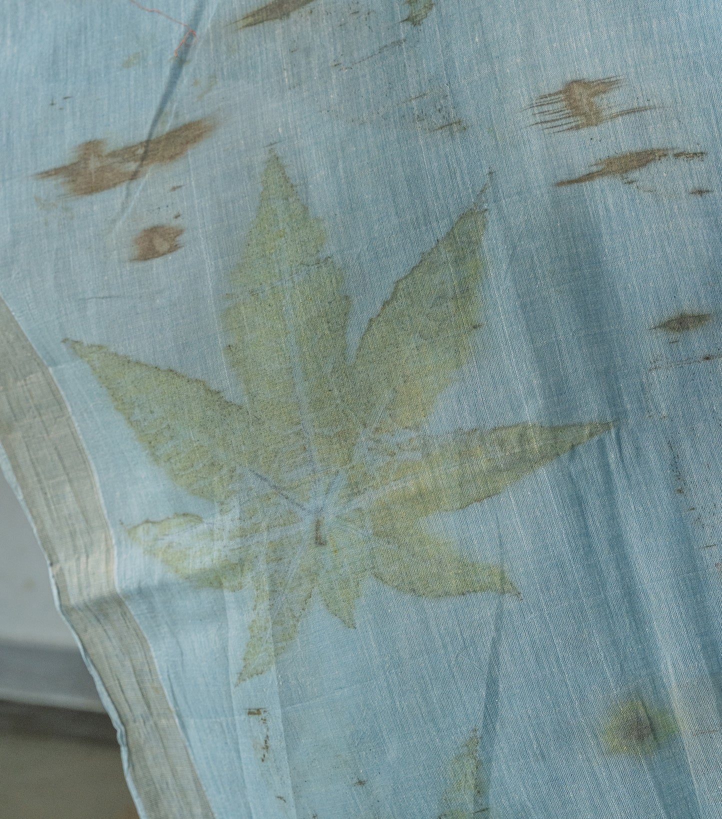 Mix leaves on Pallu and Boarder Blueish Grey Cotton Saree (Hand Dyed With iron ore and indigo)