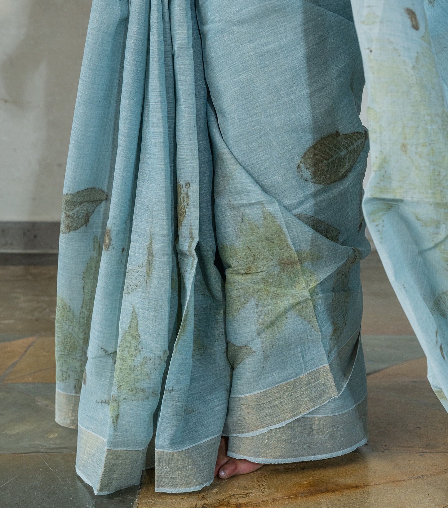 Mix leaves on Pallu and Boarder Blueish Grey Cotton Saree (Hand Dyed With iron ore and indigo)