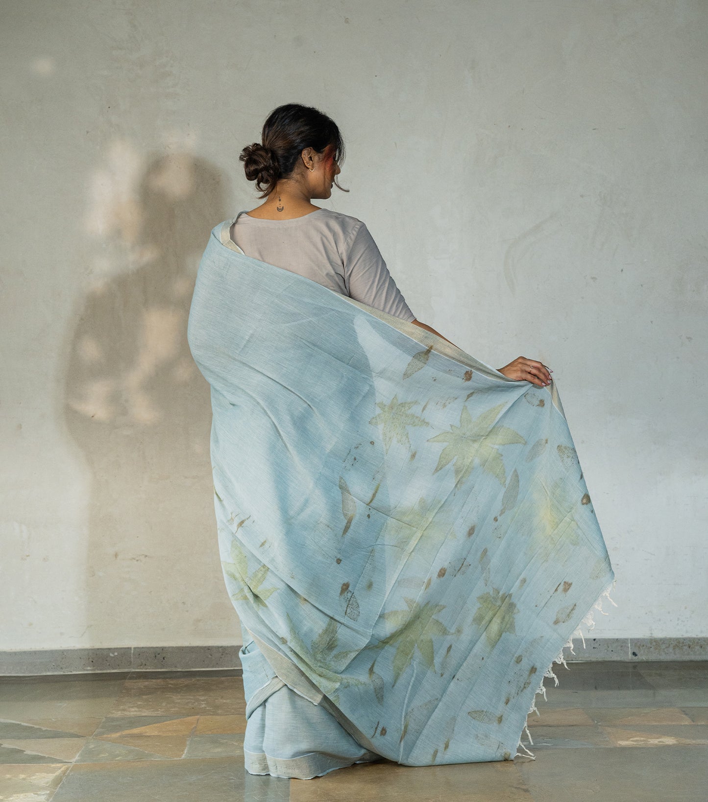 Mix leaves on Pallu and Boarder Blueish Grey Cotton Saree (Hand Dyed With iron ore and indigo)