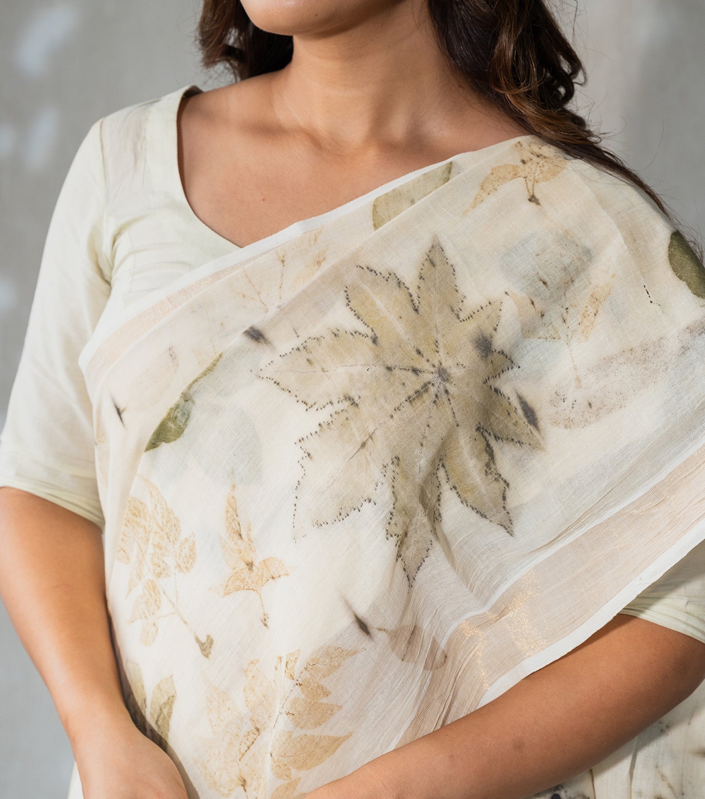 Mix Leaves All Over Ivory Cotton Saree (Hand Dyed With Harde)