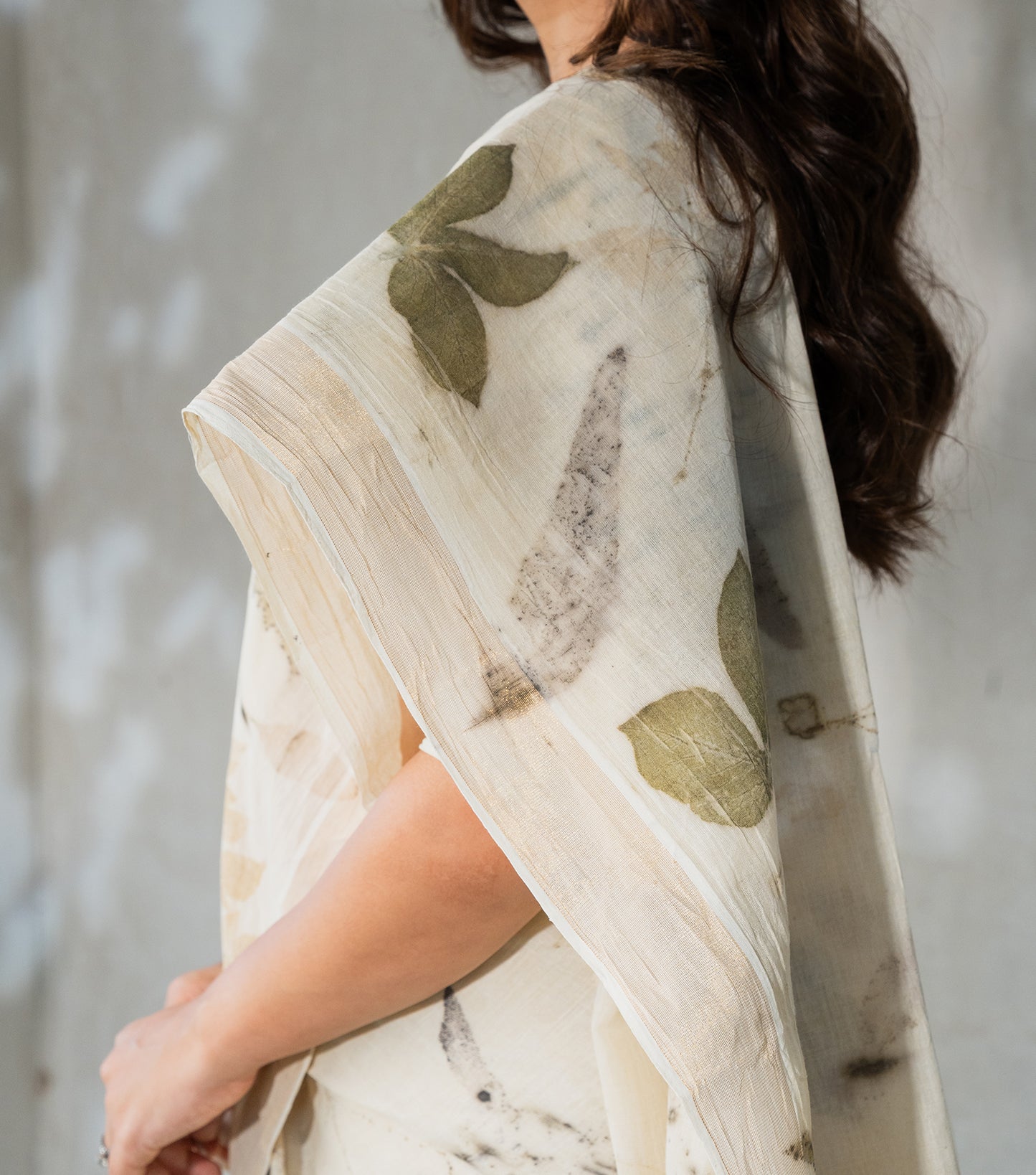 Mix Leaves All Over Ivory Cotton Saree (Hand Dyed With Harde)