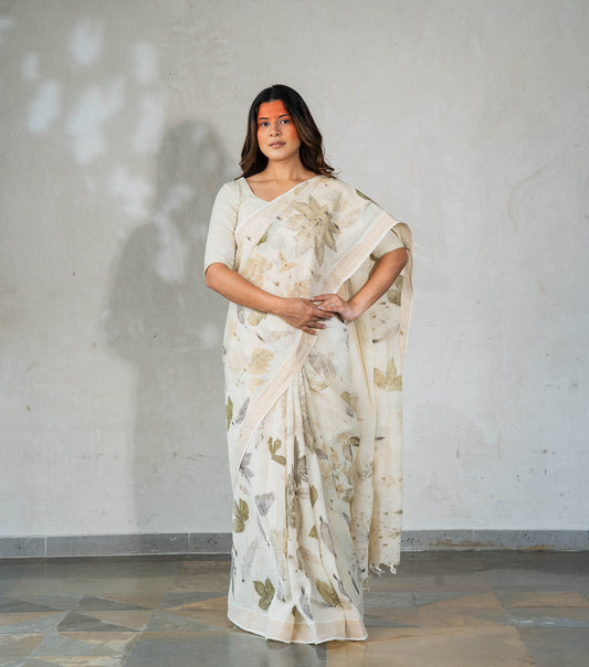 Mix Leaves All Over Ivory Cotton Saree (Hand Dyed With Harde)