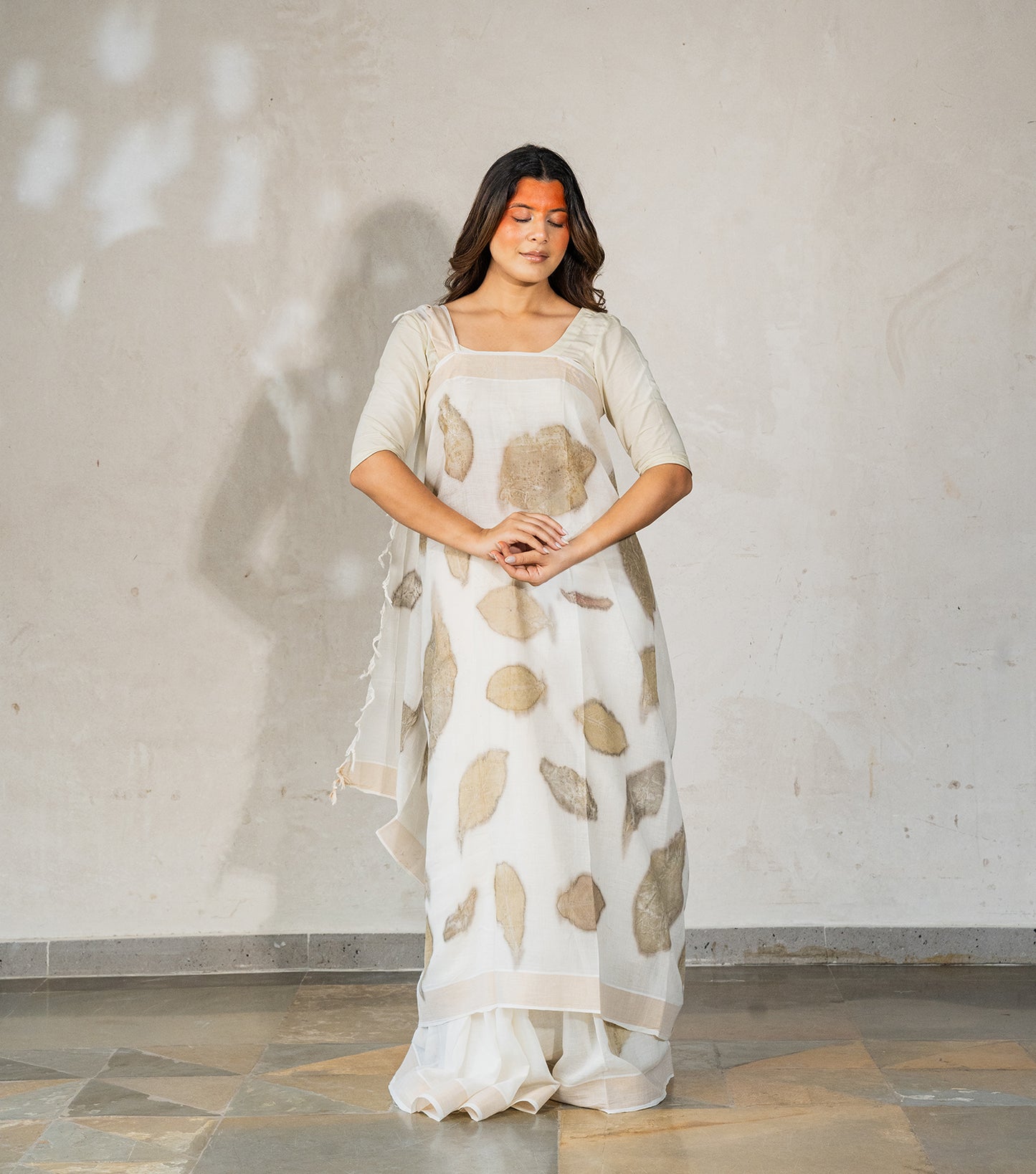 Teak Wood Leaves Big Pallu Ivory Cotton Saree (Hand Dyed With Harde)