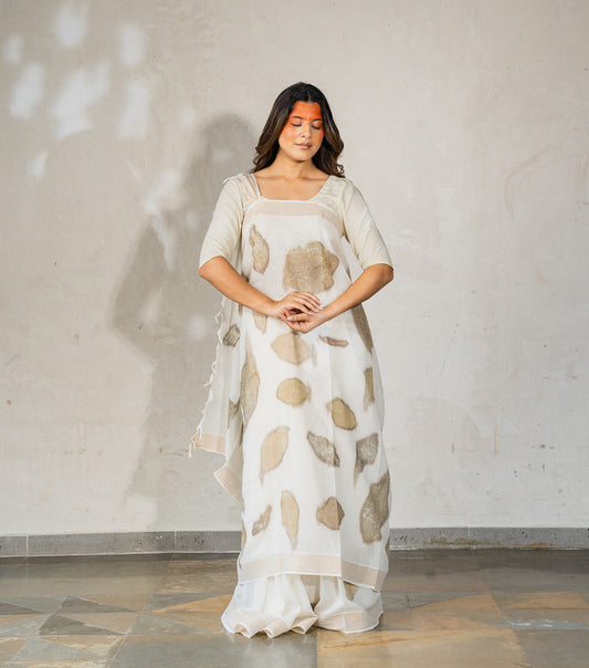 Teak Wood Leaves Big Pallu Ivory Cotton Saree (Hand Dyed With Harde)