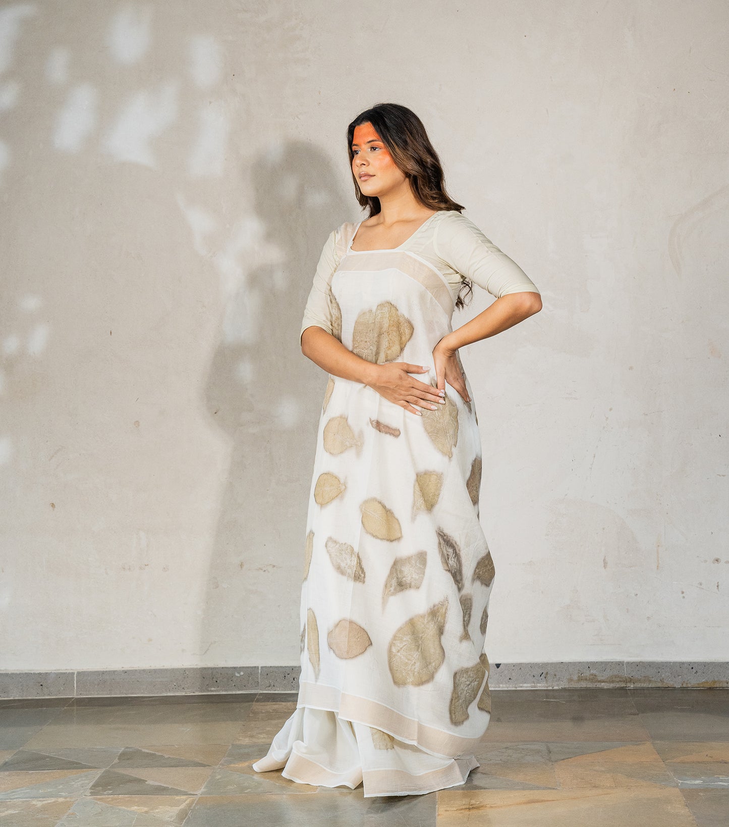 Teak Wood Leaves Big Pallu Ivory Cotton Saree (Hand Dyed With Harde)