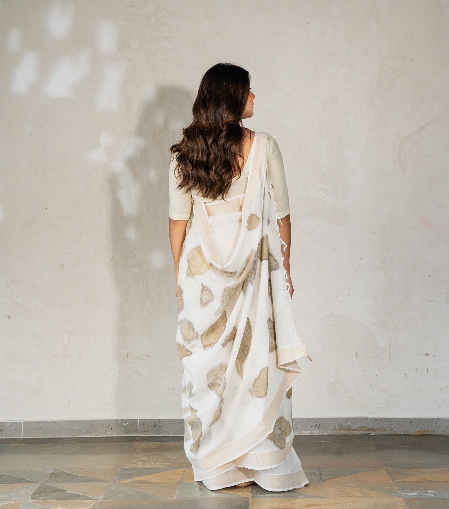 Teak Wood Leaves Big Pallu Ivory Cotton Saree (Hand Dyed With Harde)