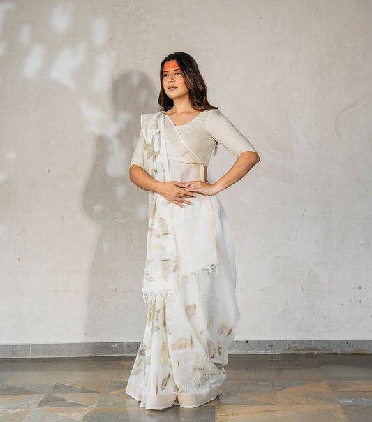 Castor Oil Leaves Only Boarder Ivory Cotton Saree (Hand Dyed With Harde)