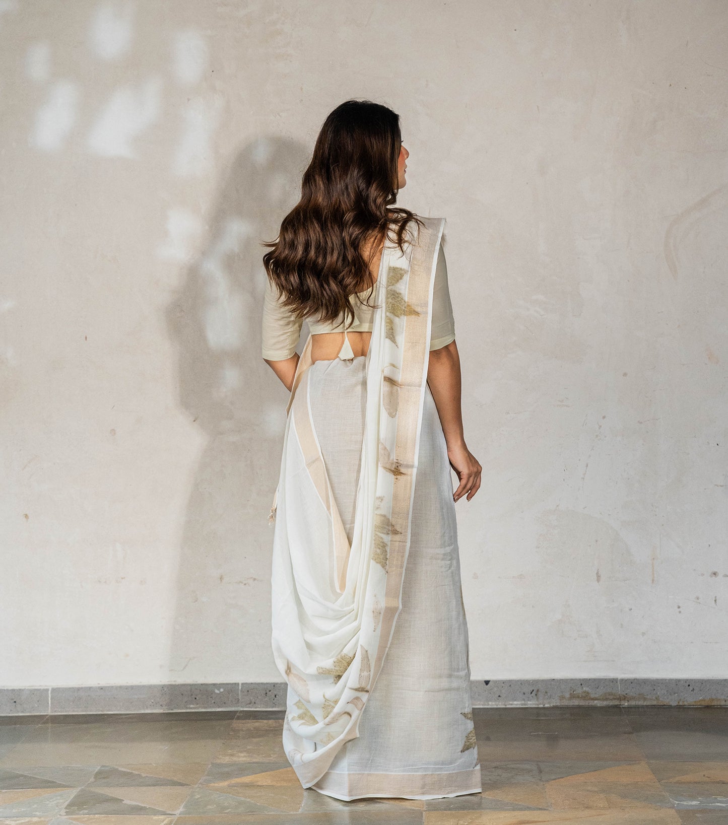 Castor Oil Leaves Only Boarder Ivory Cotton Saree (Hand Dyed With Harde)