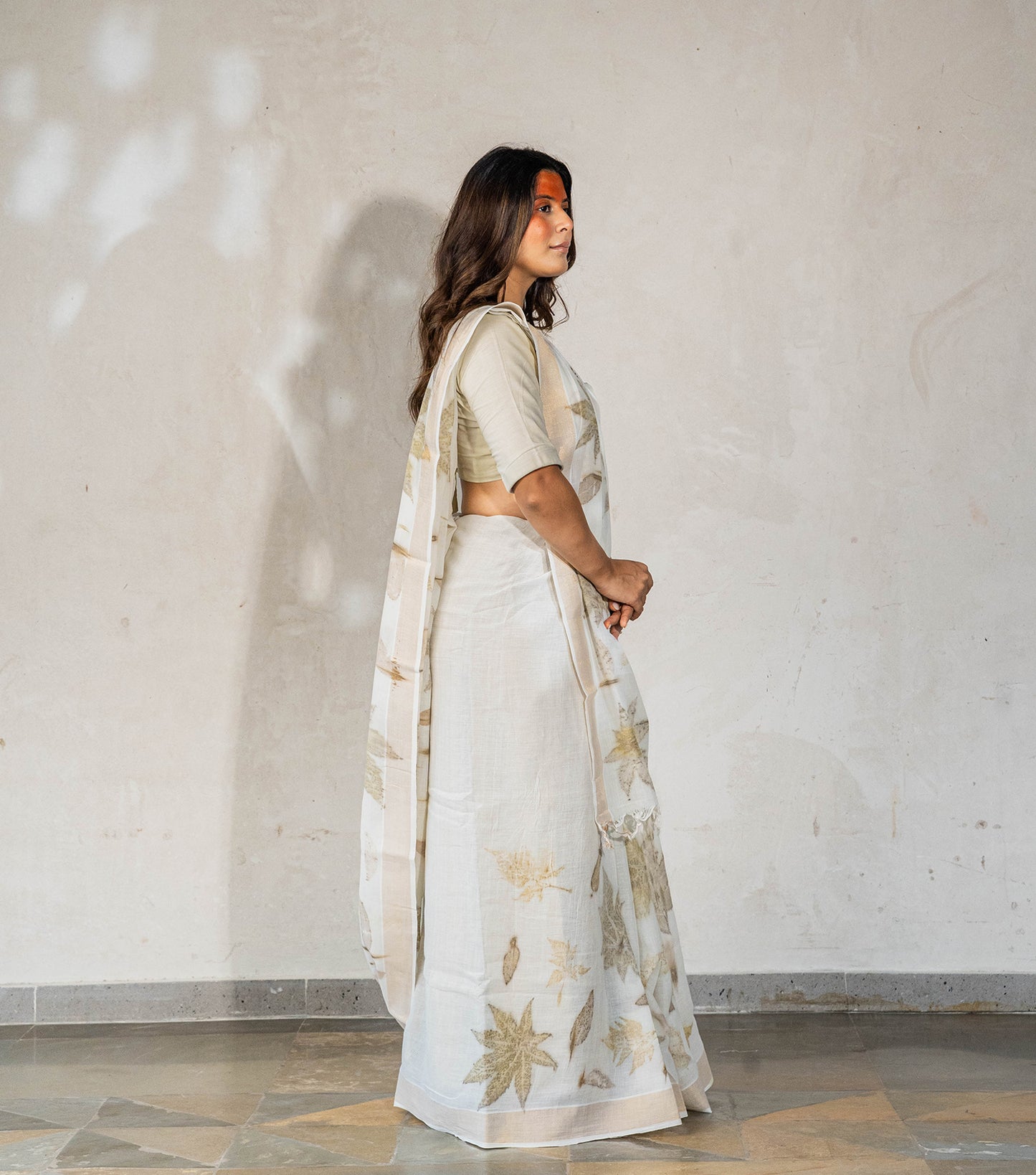 Castor Oil Leaves Only Boarder Ivory Cotton Saree (Hand Dyed With Harde)
