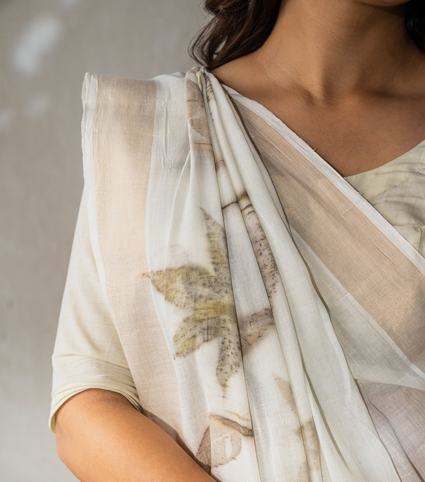 Castor Oil Leaves Only Boarder Ivory Cotton Saree (Hand Dyed With Harde)