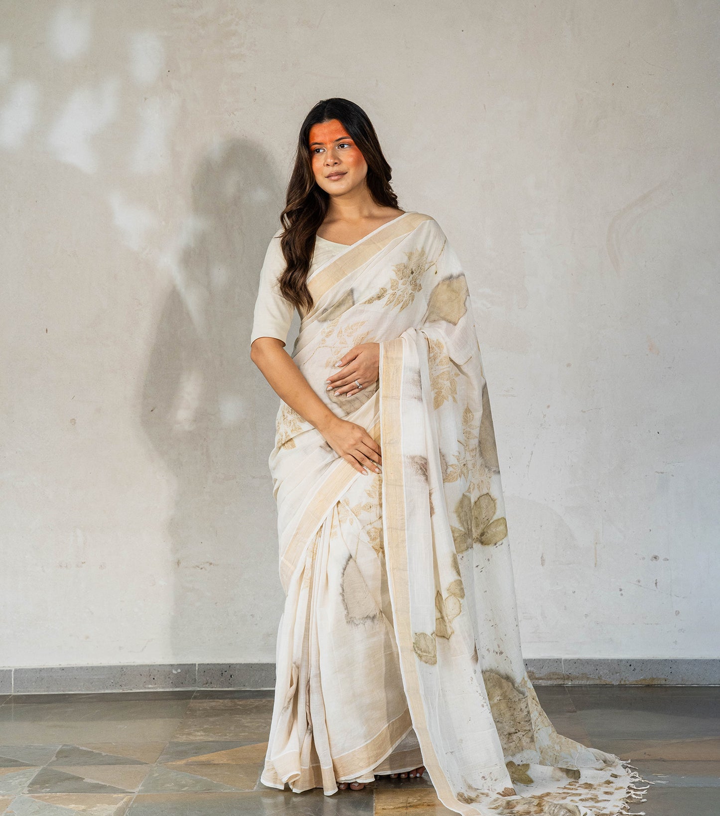 Morni (Peacock) Design Pallu with mix leaves Ivory Cotton Saree (Hand Dyed With Harde)