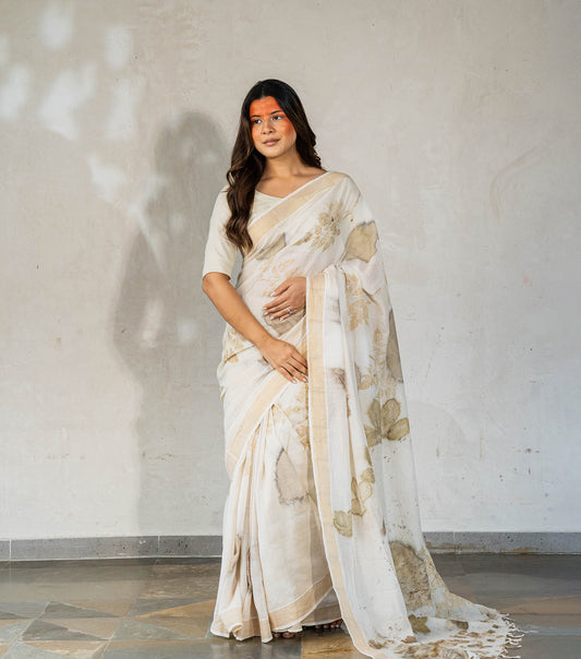 Morni (Peacock) Design Pallu with mix leaves Ivory Cotton Saree (Hand Dyed With Harde)