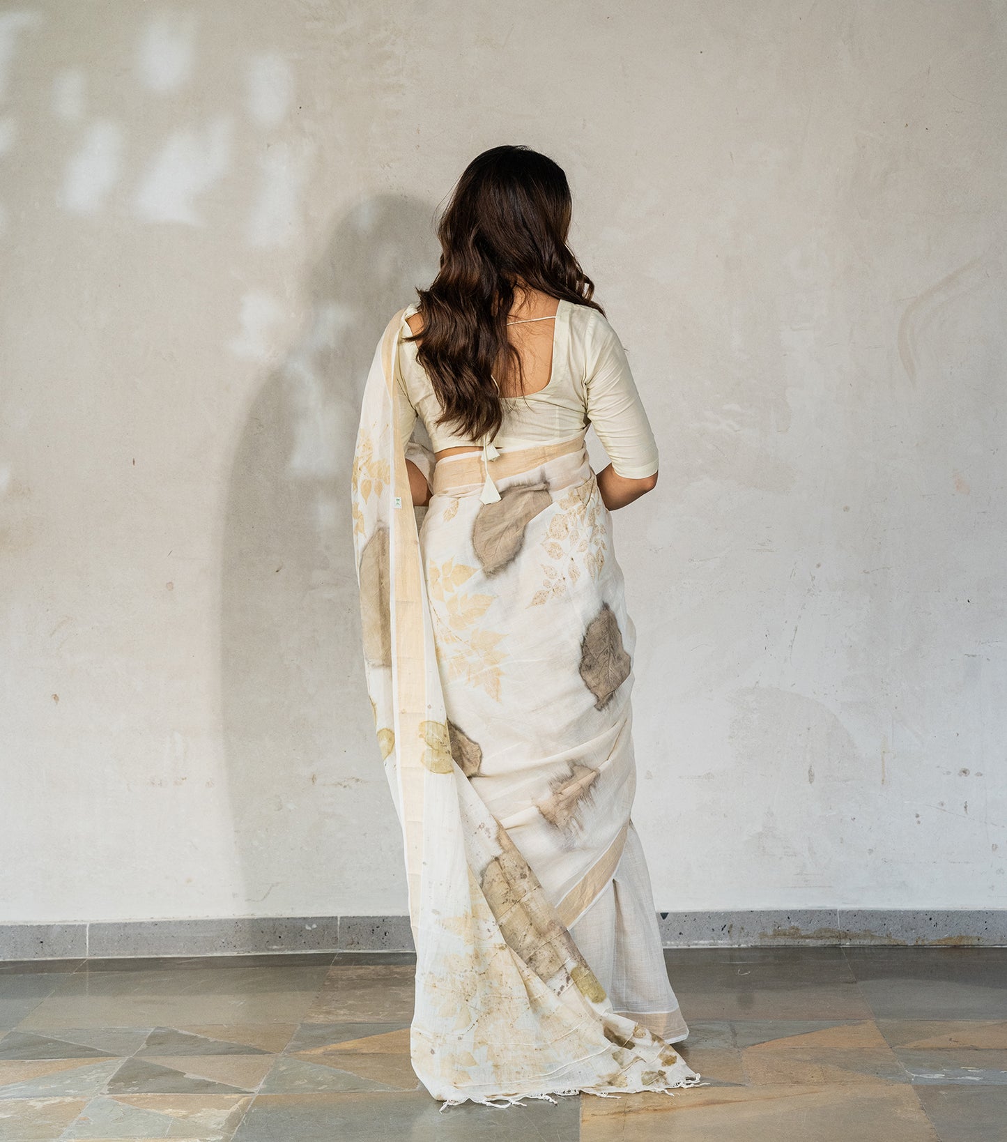 Morni (Peacock) Design Pallu with mix leaves Ivory Cotton Saree (Hand Dyed With Harde)