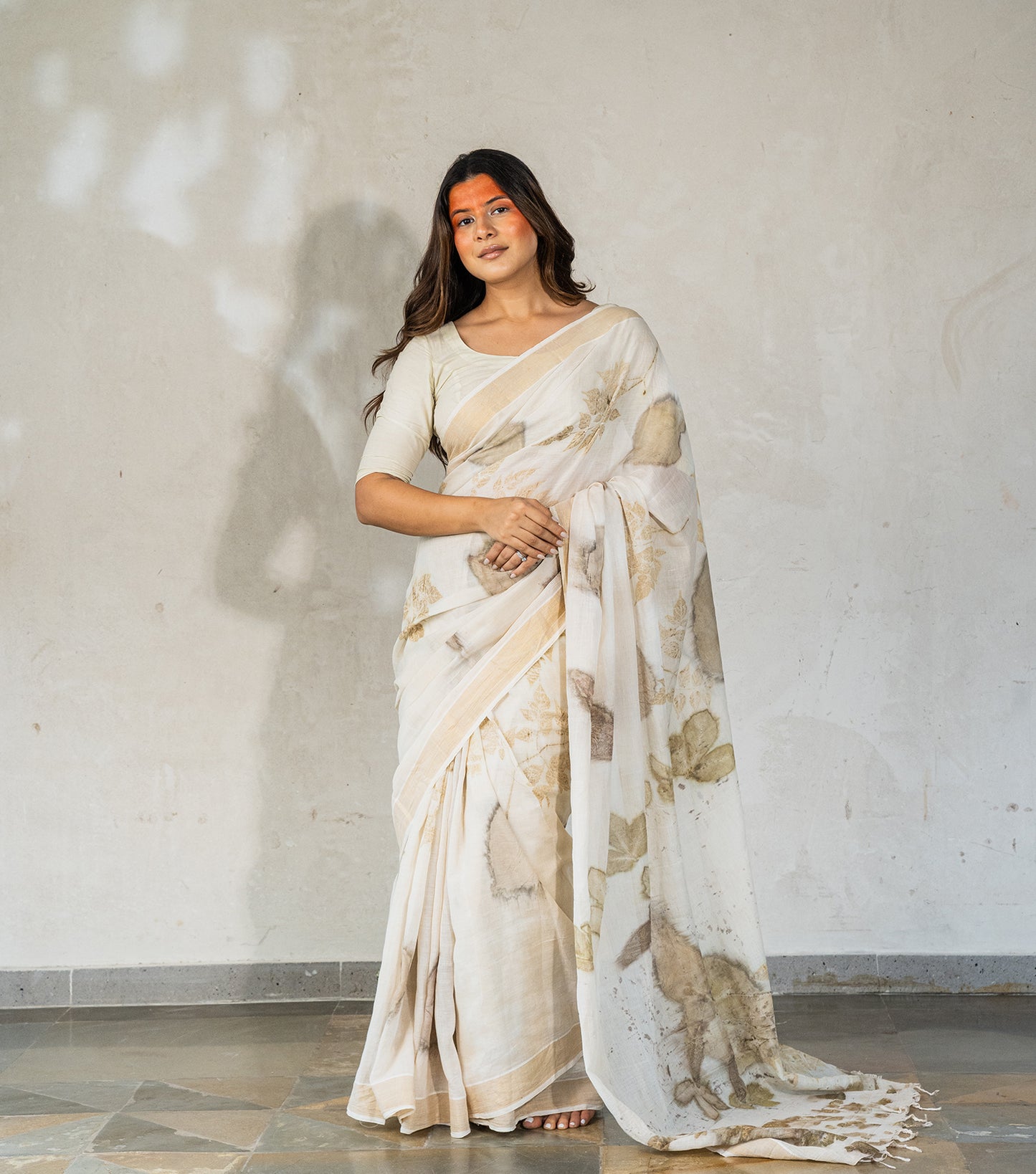 Morni (Peacock) Design Pallu with mix leaves Ivory Cotton Saree (Hand Dyed With Harde)